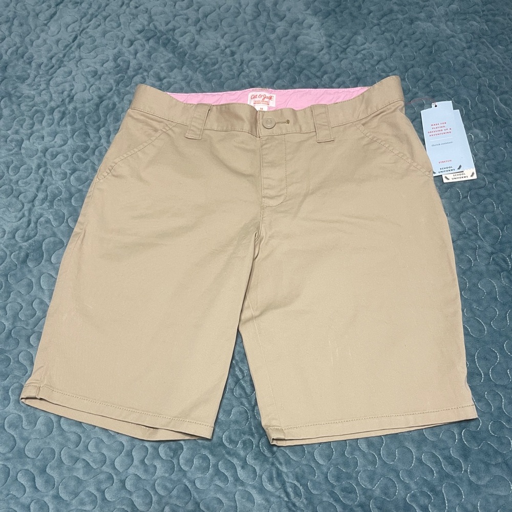 NWT Cat & Jack School Uniform Girls Shorts Sz 14 Beige Adjustable Waist Stretch